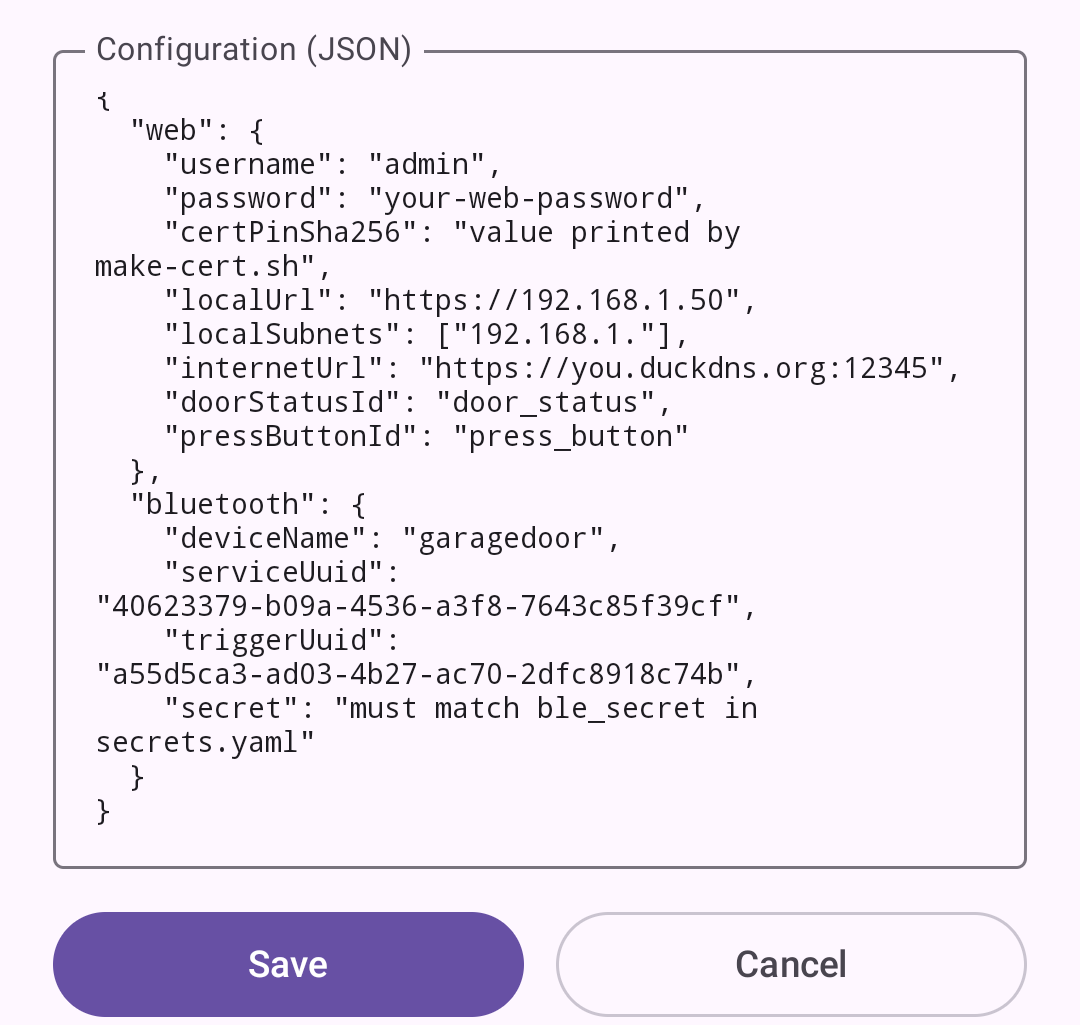 App settings screen showing the JSON configuration box