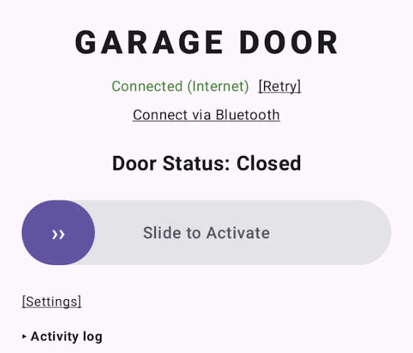 Main screen of the Android garage door app
