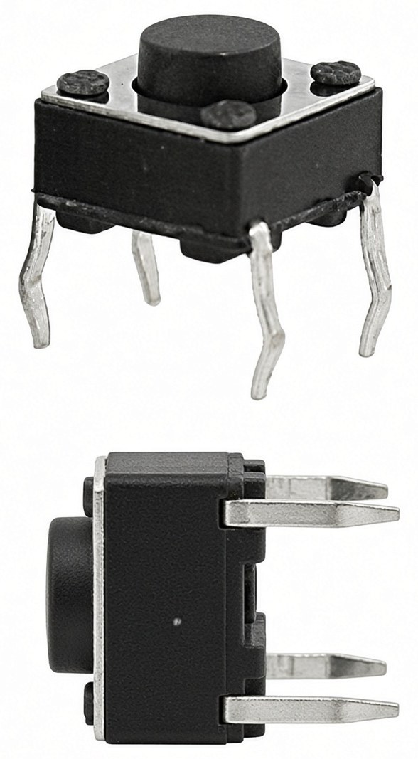 Momentary pushbutton switch, angled and side views