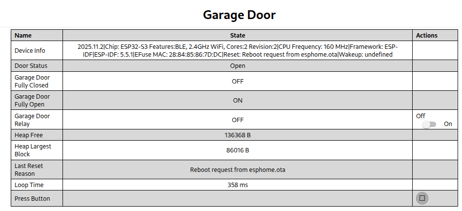 ESPHome WebUI showing door status and relay control